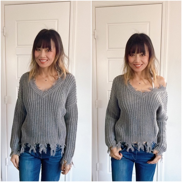 #41 Cozy V neck Distressed Frayed Oversized Sweater Top - Picture 5 of 9